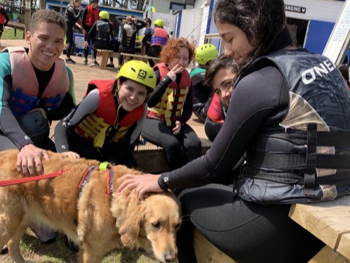 group of students with a golden retriever dog at an activity centre during an exchange program