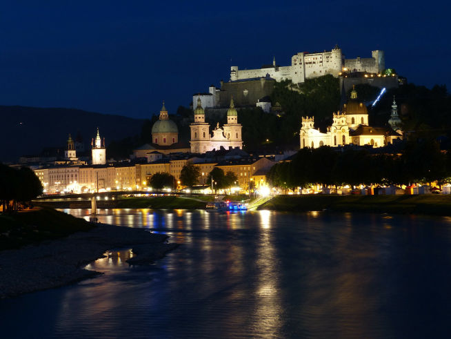 Salzburg at night with lights during high school trip to Austria